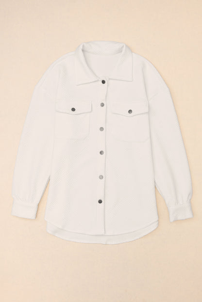 Solid Textured Flap Pocket Buttoned Shacket | Beige