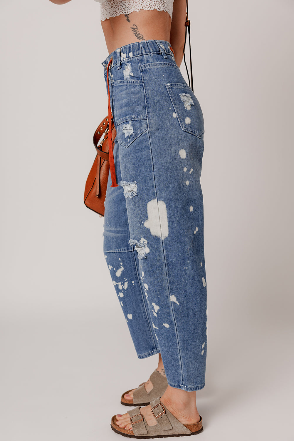 Ripped Splattering Paint Rope Waist Cropped Straight Jeans | Ashleigh Blue