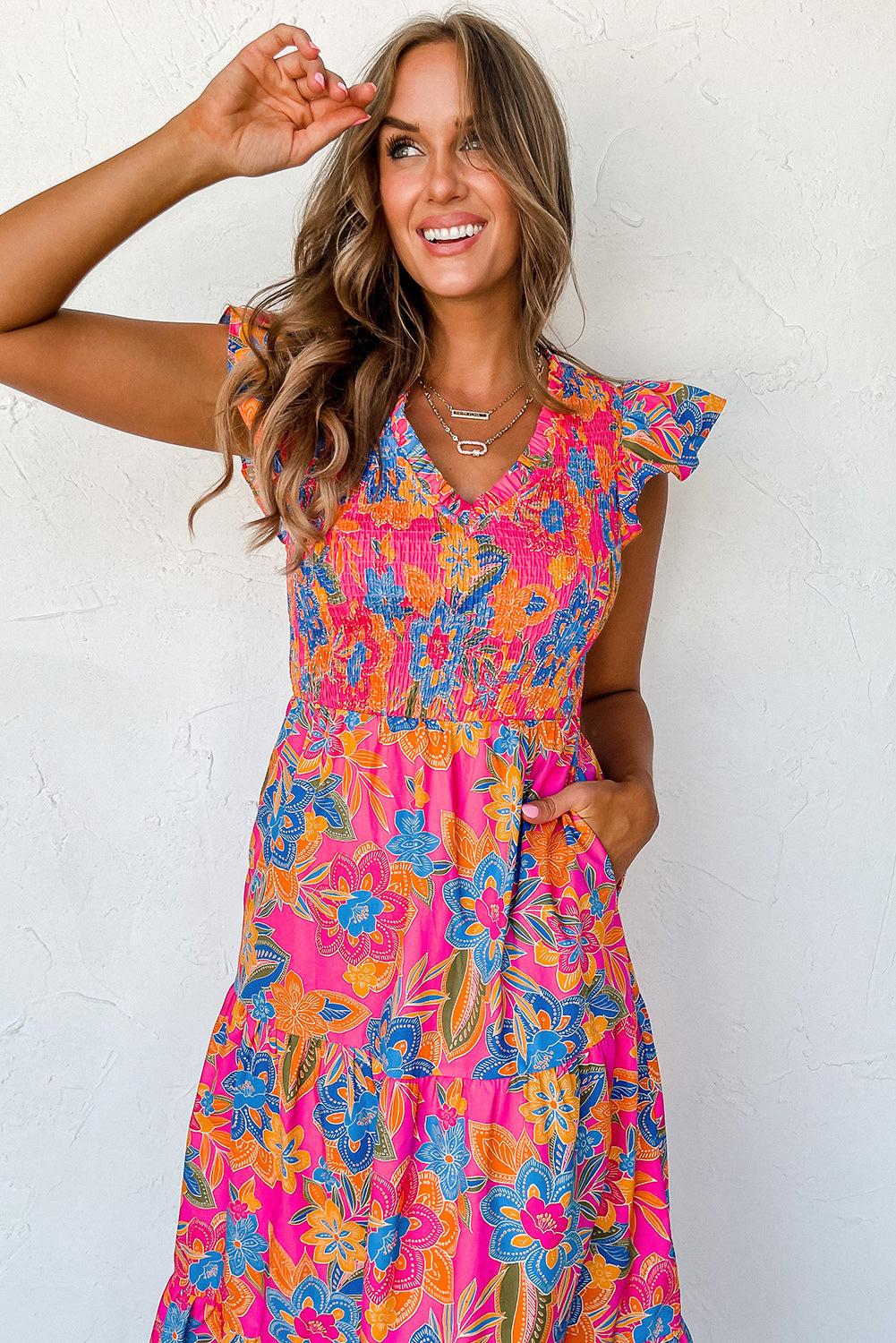 Boho Floral V Neck Ruffle Tiered Long Dress | Rose Red