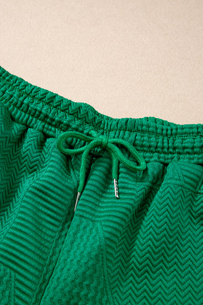 Textured Ruffle Split Top And Drawstring Shorts | Dark Green