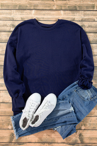 Solid Fleece Lined Drop Shoulder High Low Sweatshirt | Navy Blue