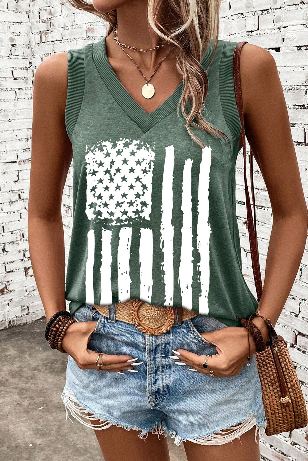 Frayed American Flag Printed V Neck Tank Top | Mist Green