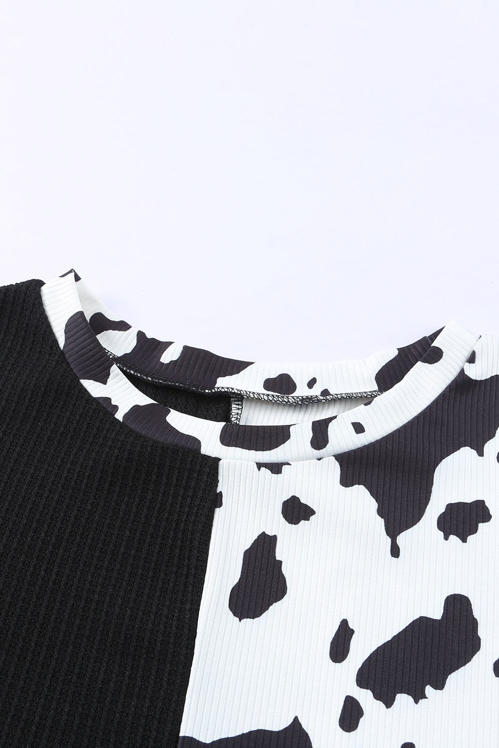 Cow Patchwork Waffle Knit Long Sleeve Top | Black