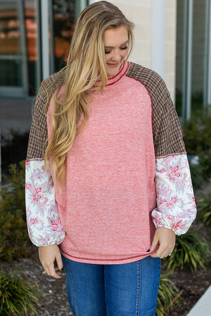 Checkered Paisley Patchwork Raglan Sleeve Seamed Plus Size Top | Pink