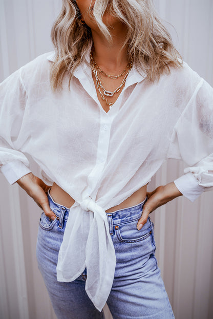 Solid Knotted Front Loose Fit Sheer Shirt | White