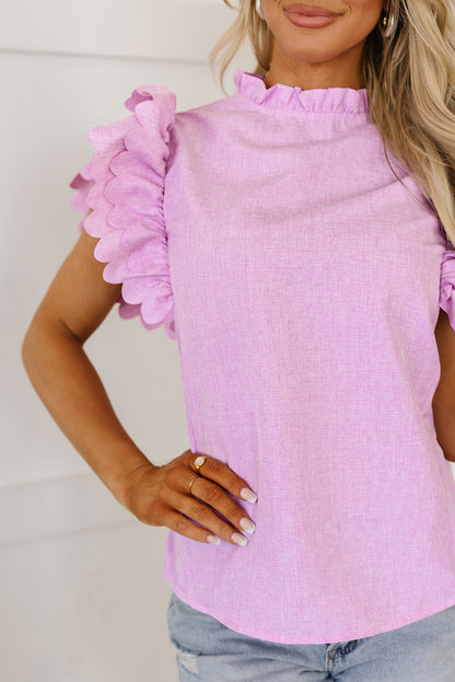 Solid Colour Scalloped Ruffle Sleeve Top | Bright Pink