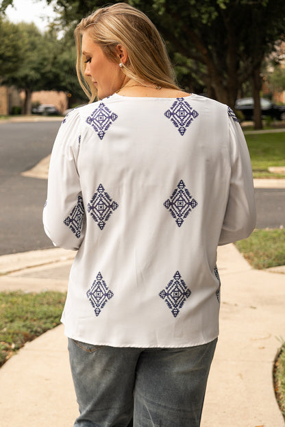 Boho Geometric Print V Neck Bracelet Sleeve Plus Size Blouse | White