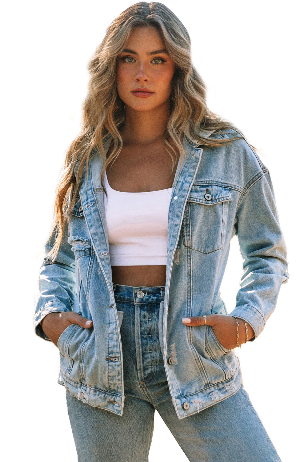 Button Closure Ripped Hooded Denim Jacket | Sky Blue