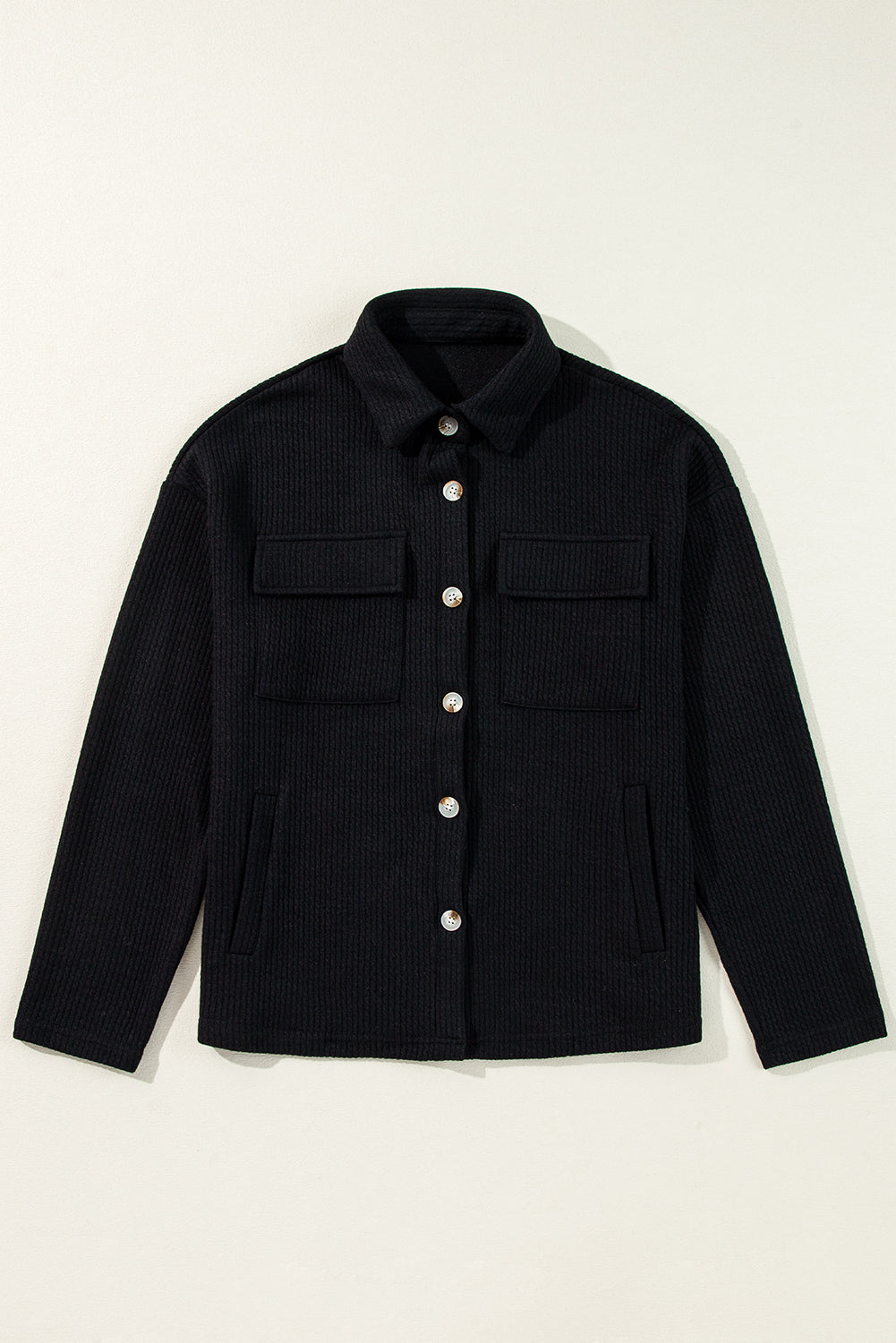 Solid Colour Corduroy Buttoned Long Sleeve Shacket | Black