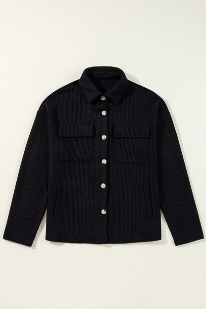 Solid Colour Corduroy Buttoned Long Sleeve Shacket | Black