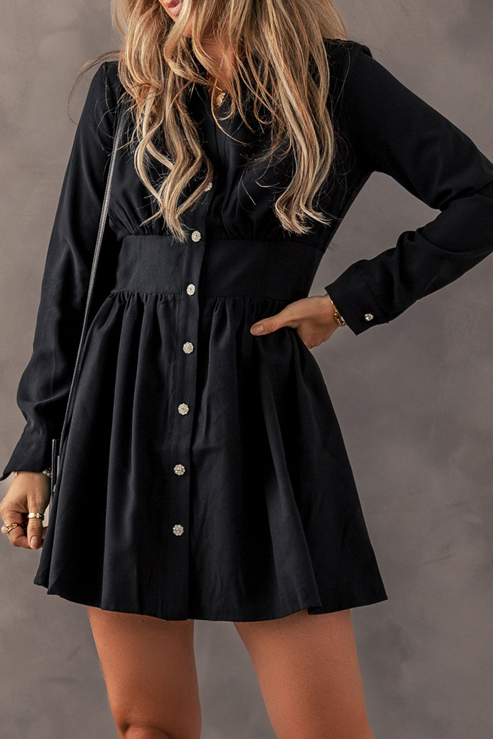 Elastic Cinched High Waist Long Sleeve Shirt Mini Dress | Black