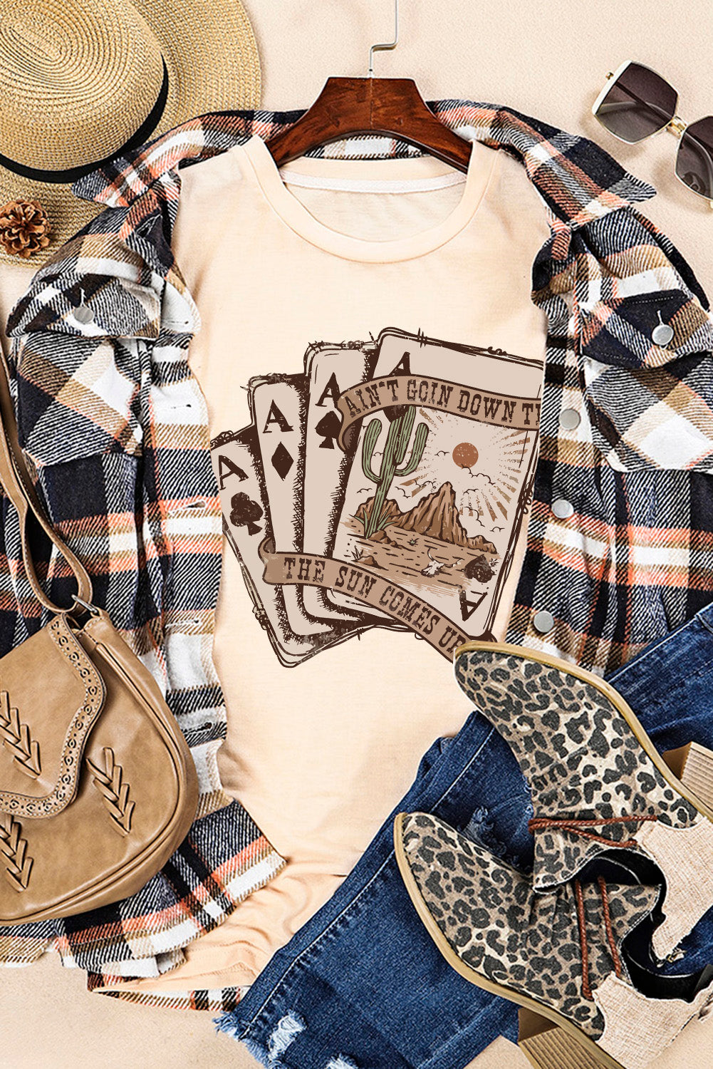 Western Poker Cards Graphic T Shirt | Khaki