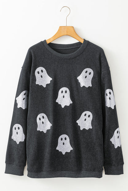 Halloween Ghost Corded Crew Neck Loose Sweatshirt | Black