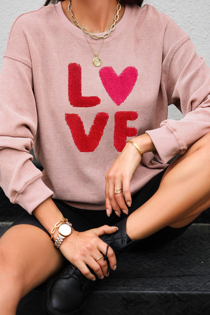 Valentines Love Chenille Embroidered Corded Sweatshirt | Pink