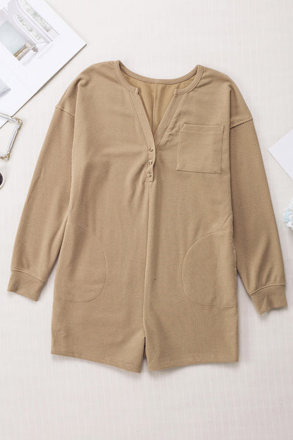 Brushed Ribbed Button Split V Neck Long Sleeve Romper | Khaki