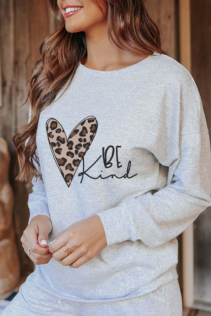 Be Kind Leopard Heart Graphic Pullover And Joggers Lounge Set | Gray