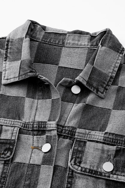 Checkered Patchwork Button Up Denim Jacket | Black