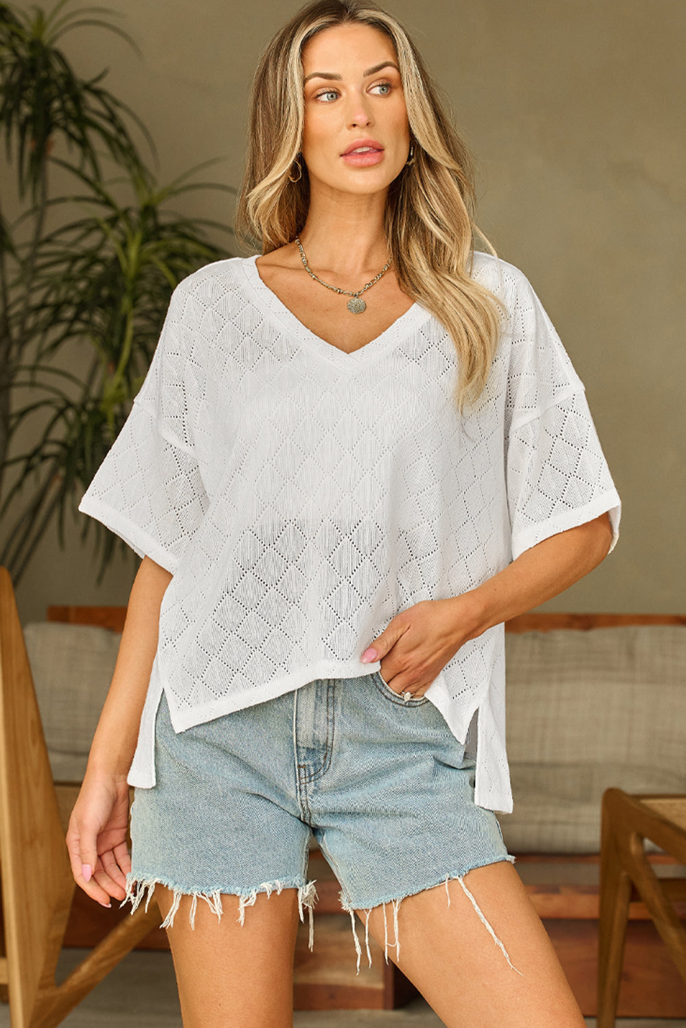 V Neck Knitted Flowy Blouse | White