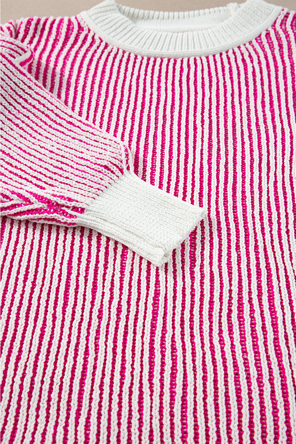 Striped Textured Knit Contrast Edge Loose Sweater | Bright Pink