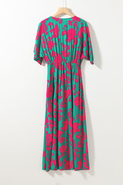 Printed V Neck Short Sleeve Split Flared Maxi Dress | Sea Green