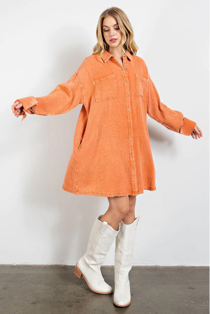 Crinkled Dual Chest Pocket Oversized Shirt Dress | Orange