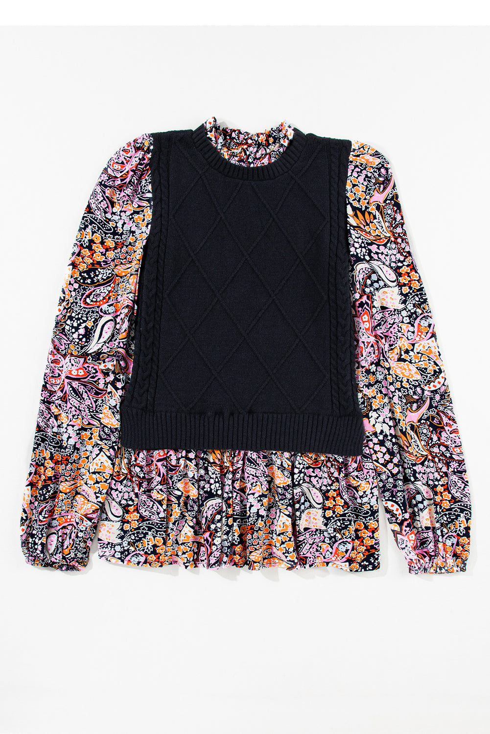 Contrast Floral Sleeve Peplum Sweater | Black