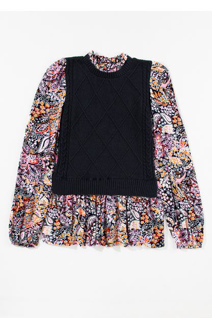 Contrast Floral Sleeve Peplum Sweater | Black