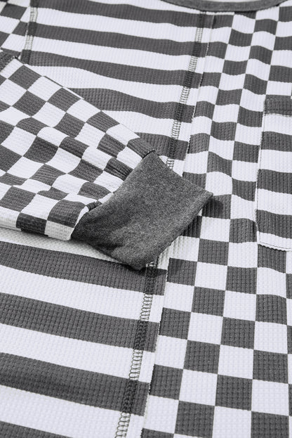 Dark Grey Checkerboard Striped Patchwork Lantern Sleeve Pocketed Blouse | Black