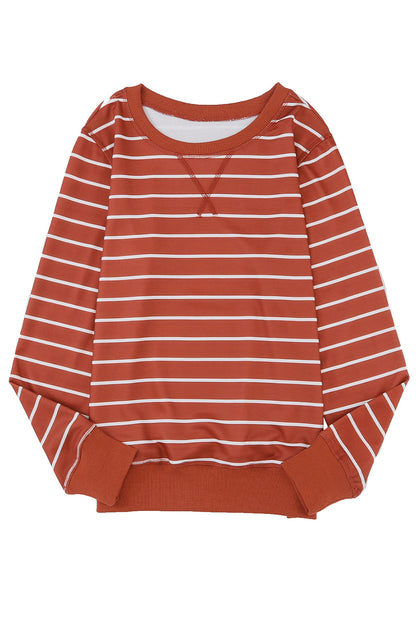 Striped Print Ribbed Trim Long Sleeve Top | Red