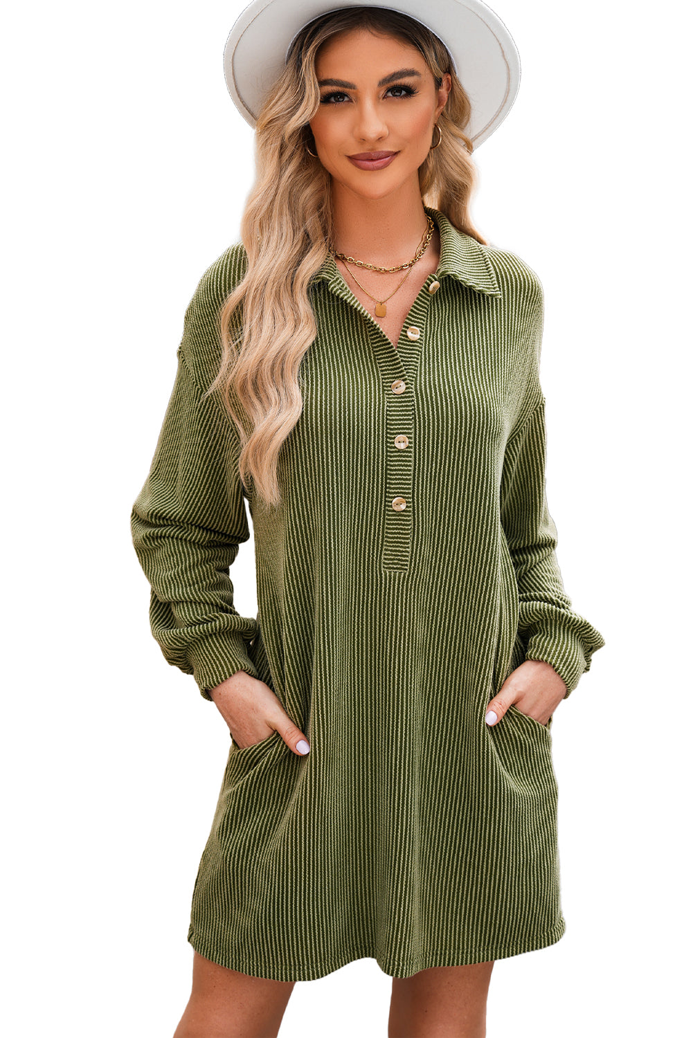 Corded Buttons Placket Drop Shoulder Collared Shift Dress | Moss Green