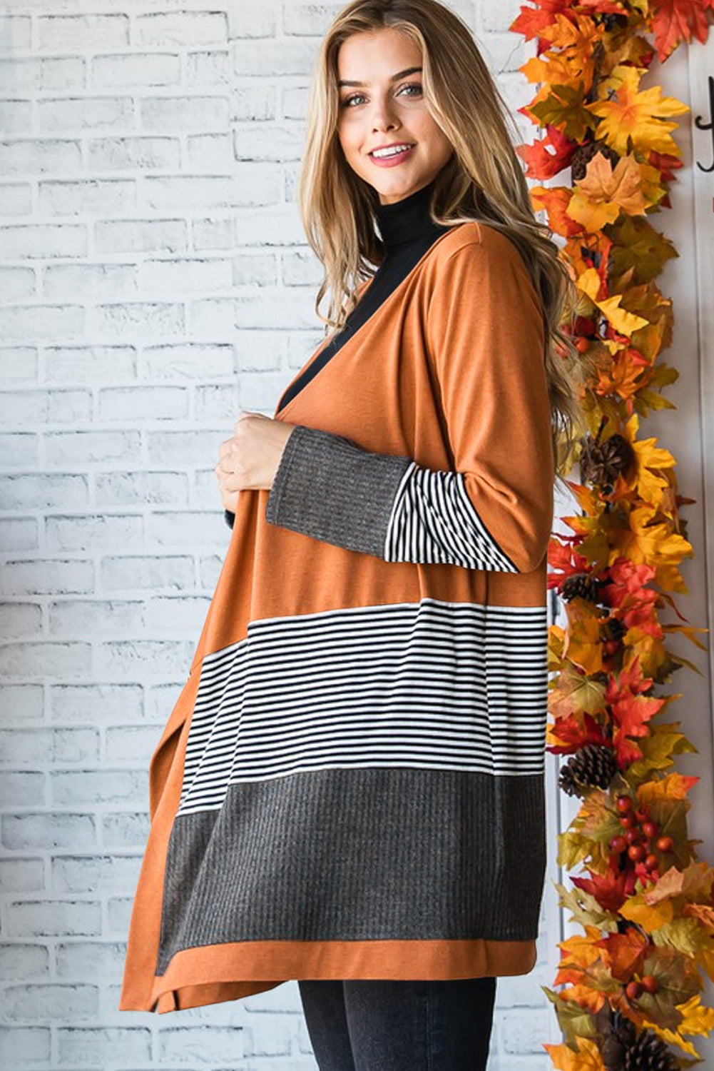 Colourblock Striped Patchwork Open Cardigan | Orange