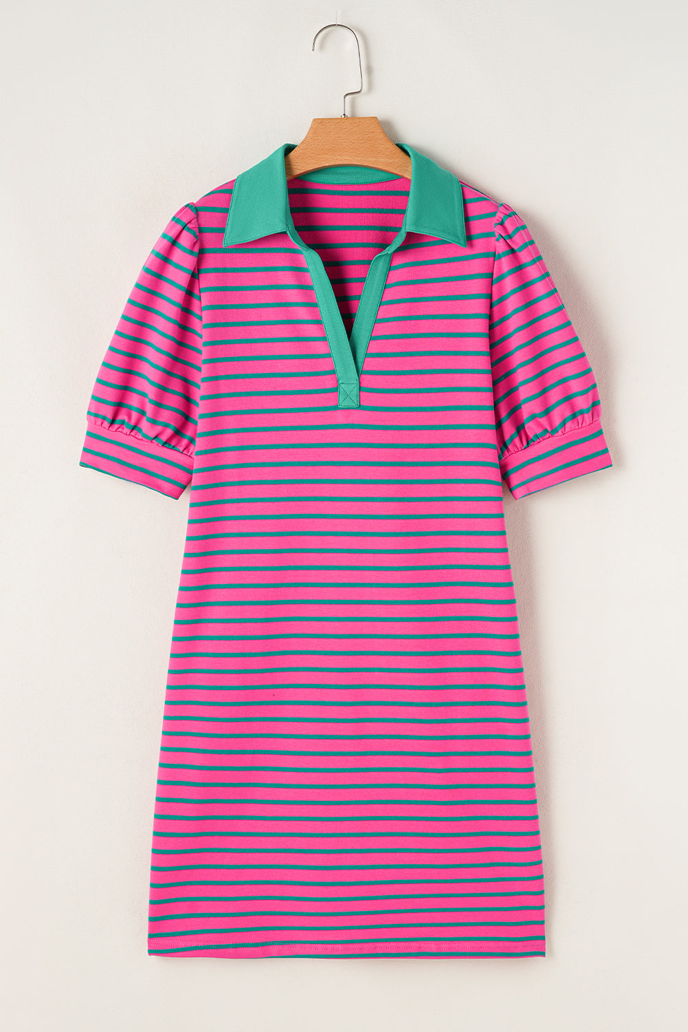 Collared V Neck Puff Sleeve T Shirt Dress | Pink Stripe