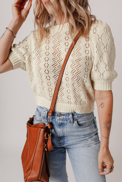 Hollowed Pattern Knit Short Puff Sleeve Sweater | Beige