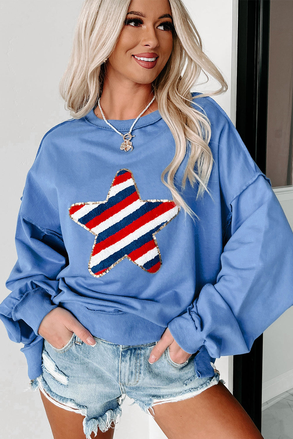 Sequin Trim Embroidered Star Usa Pattern Sweatshirt | Sky Blue