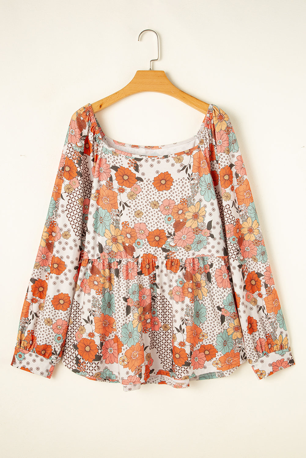 Plus Size Flower Print Square Neck Peplum Blouse | Khaki