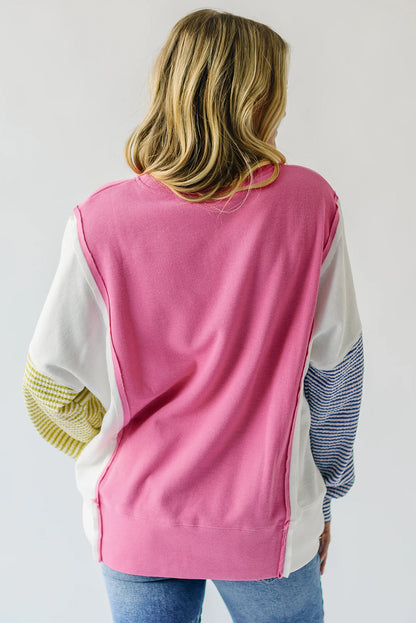 Exposed Seam Striped Colour Block Patchwork Long Sleeve Top | Sachet Pink