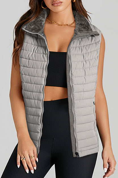 Plush Collared Quilted Zipped Puffer Vest | Silvery