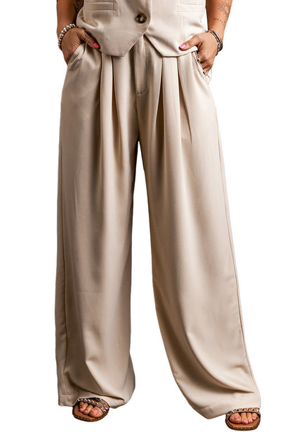 Elastic Waist Pleated Wide Leg Pants | Apricot