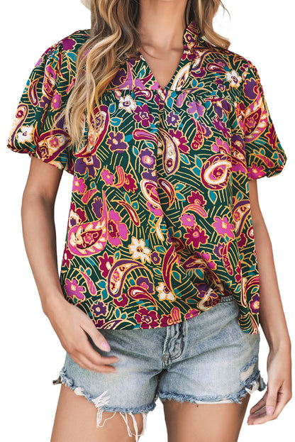 V Neck Short Bubble Sleeve Paisley Blouse | Green