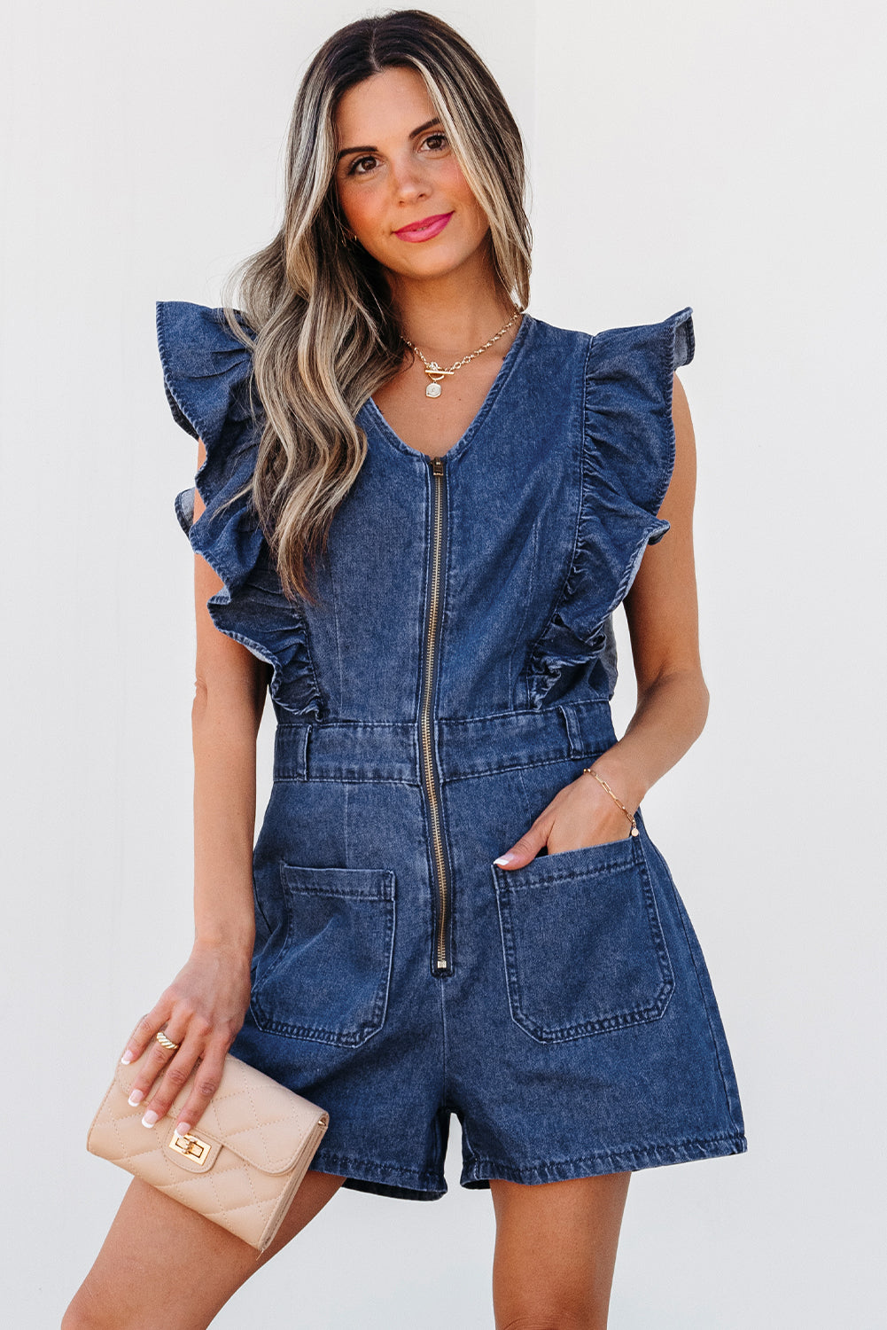 Denim Ruffled Zipped Front Belted Romper | Sail Blue