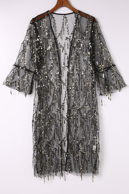 Sequin Sheer Long Sleeve Open Front Kimono | Black