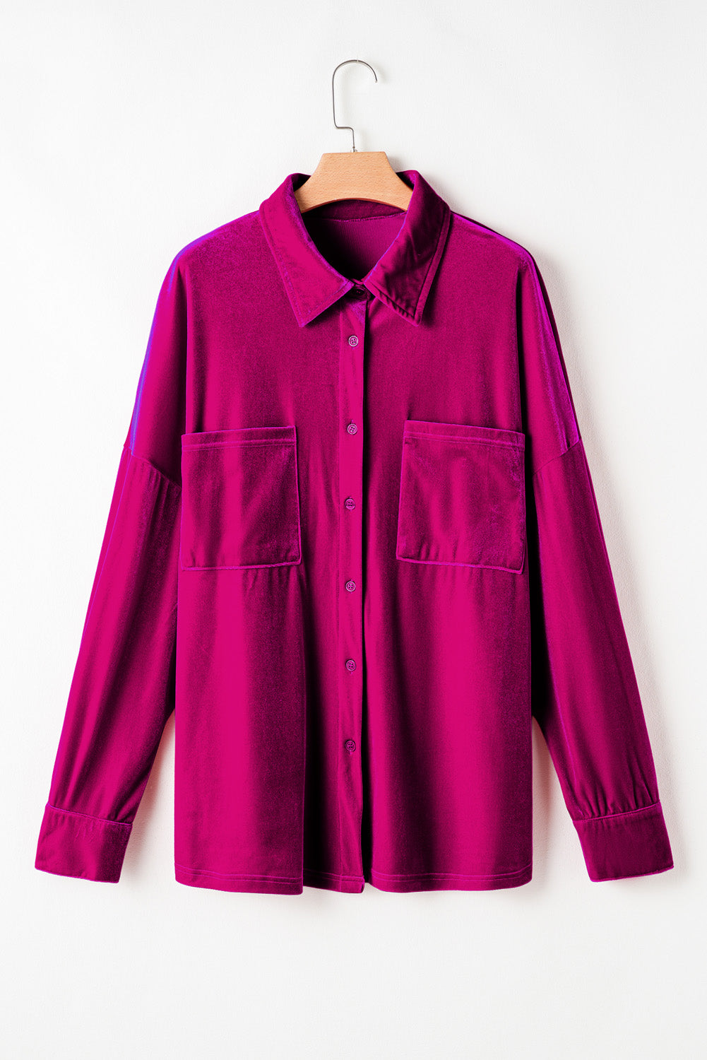 Plus Size Velvet Chest Pocket Drop Shoulder Shirt | Bright Pink