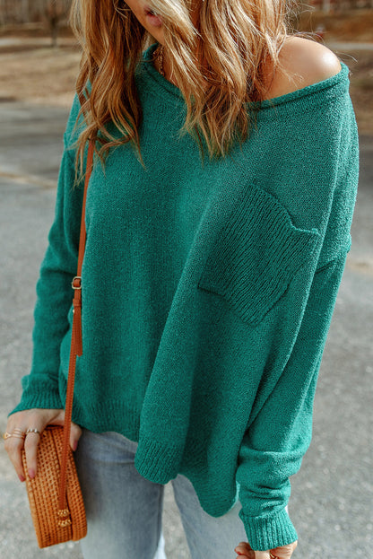 Solid Colour Off Shoulder Rib Knit Sweater With Pocket | Green