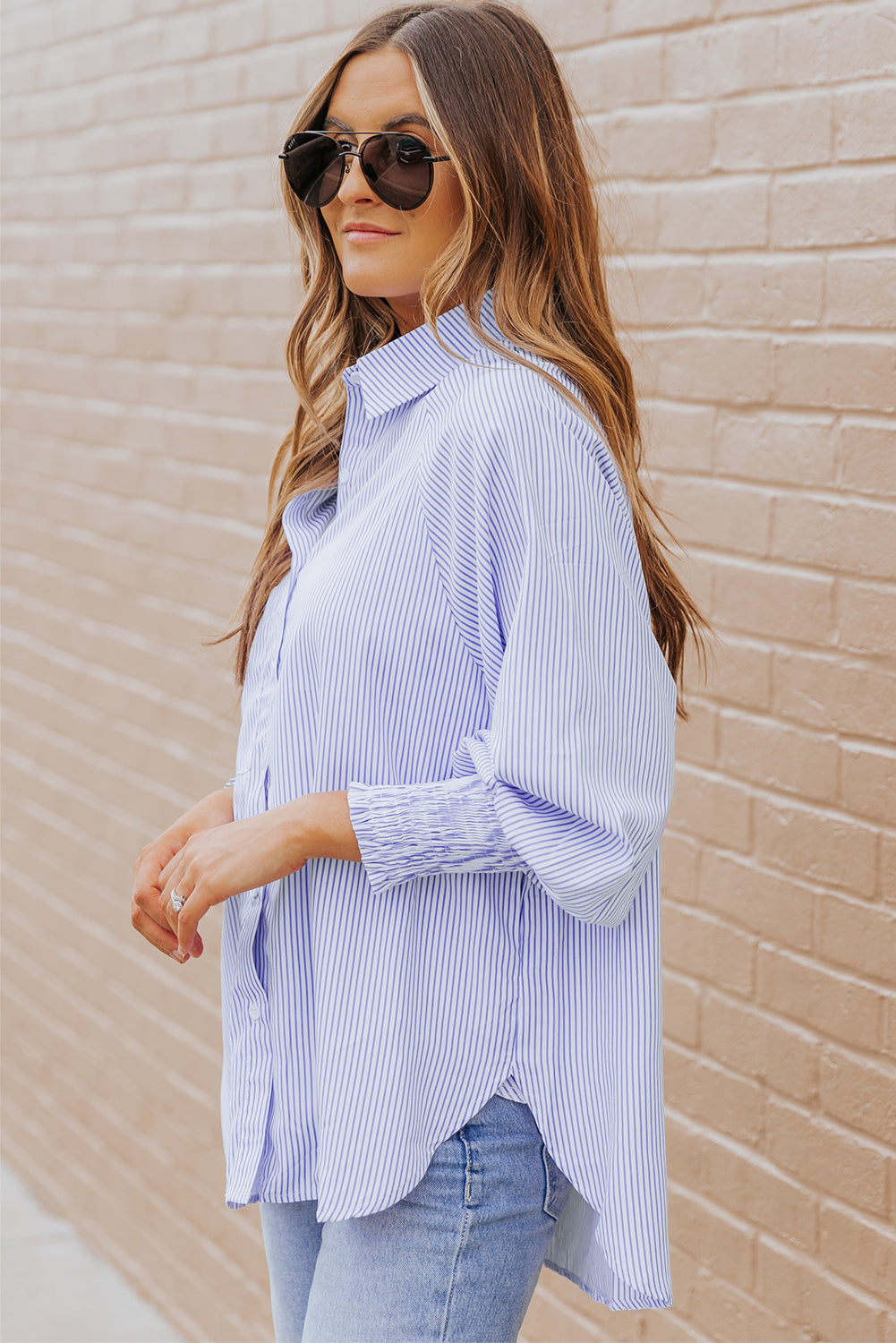 Smocked Cuffed Striped Boyfriend Shirt With Pocket | Sky Blue