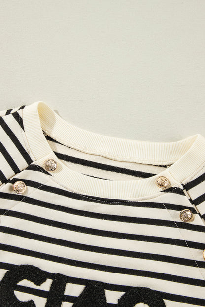 Ciao Amore Graphic Buttoned Pullover Sweatshirt | Black Stripe