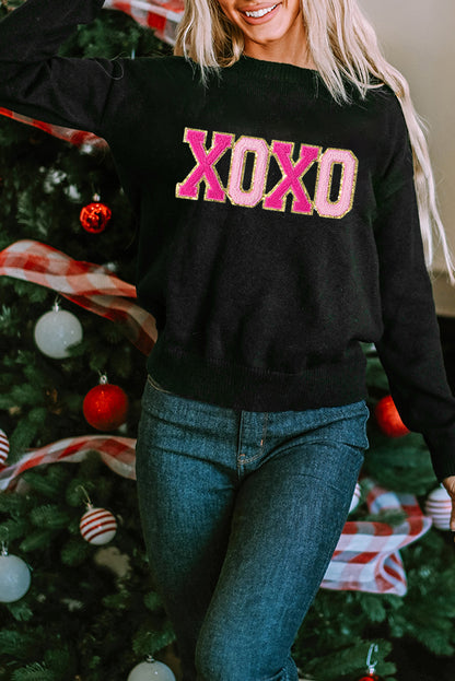 Black Xoxo Glitter Print Round Neck Casual Sweater | Colour black