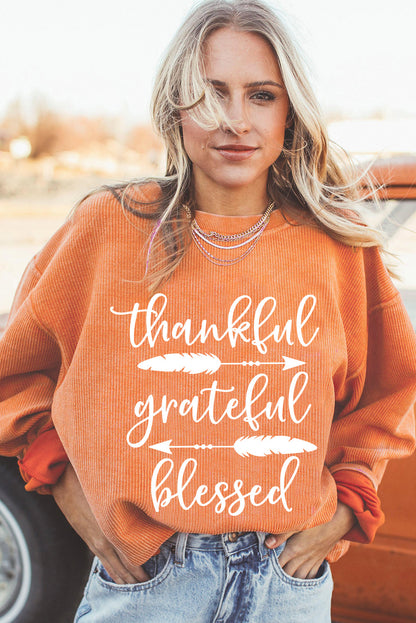 Thankful Grateful Blessed Arrow Graphic Corded Sweatshirt | Orange