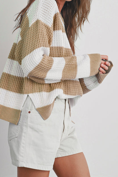 Colourblock Striped Drop Shoulder Side Slit Sweater | Light French Beige