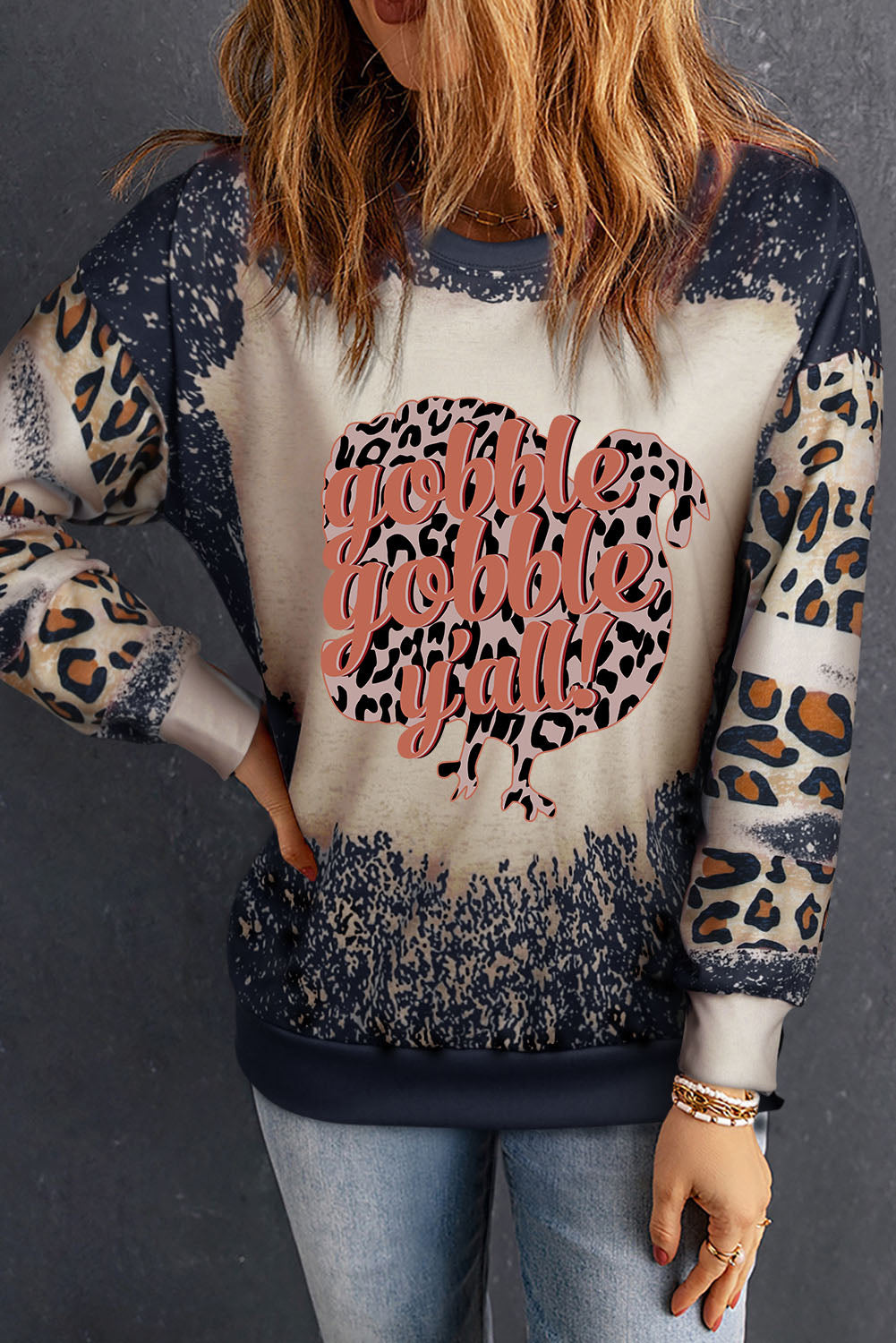 Gobble Gobble Yall Bleached Leopard Pullover Sweatshirt | Black