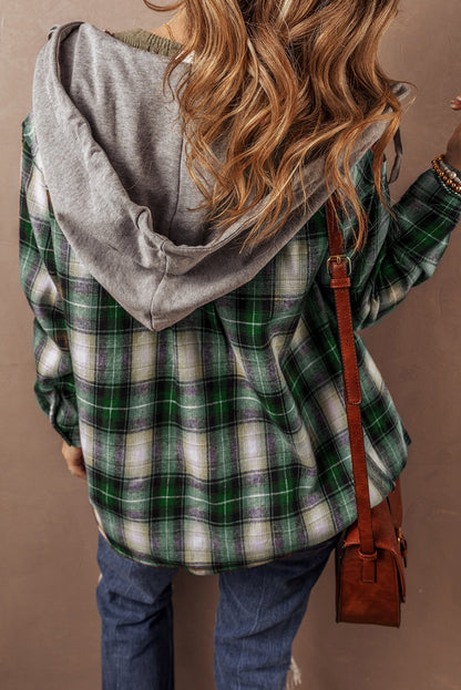 Plaid Print Chest Pocket Buttoned Hooded Shacket | Green